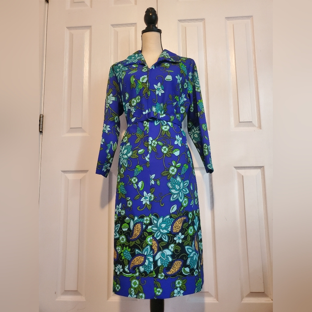 Berkshire Vintage Belted Printed Floral Blue and Green Women's Dress